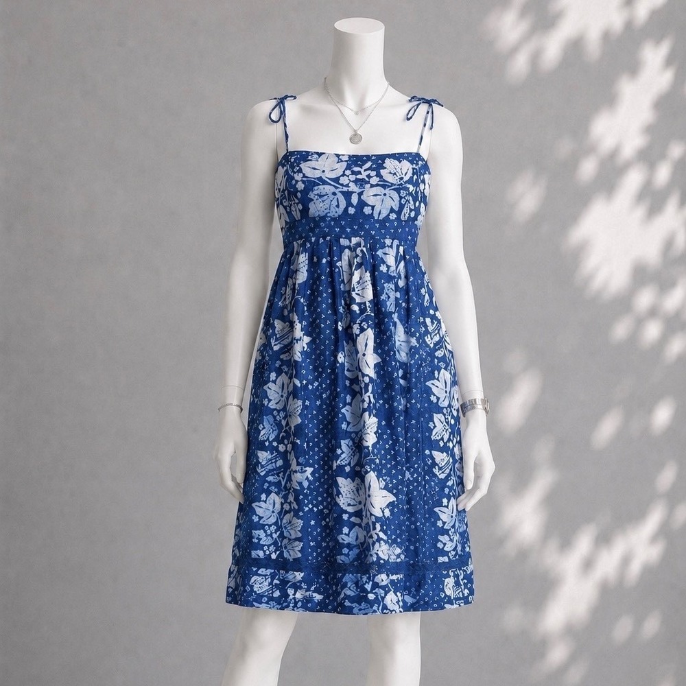 Vintage Y2K Gap Linen Sundress M/L Blue Ikat Floral Square Neck Boho Dress